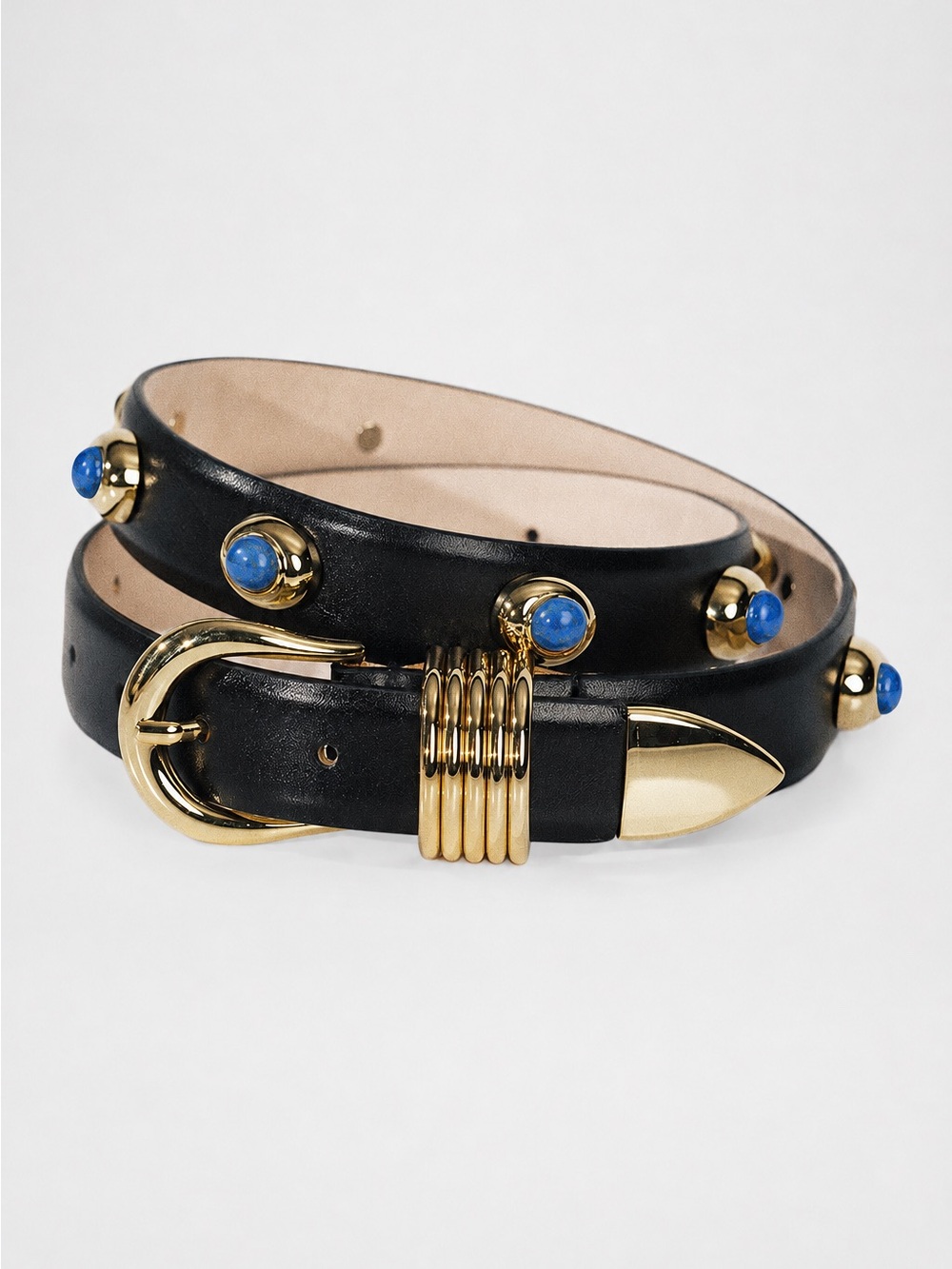 Déhanche Black Leather Hollyhock Belt with Gold Hardware and Blue Stone Accents